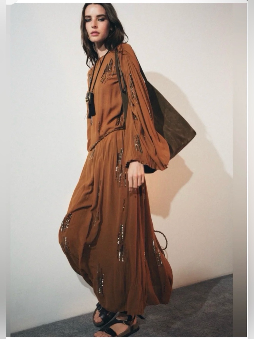 Zara Long Sleeve Boho Maxi Flowy Embroidered Dress in Rust.❤️